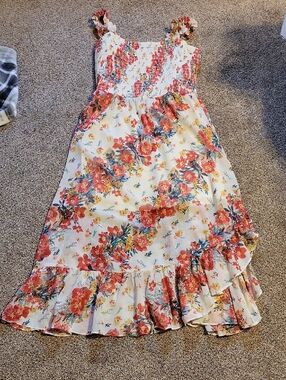 Maurices Cream Floral Smocked Maxi Dress with Coral Accent